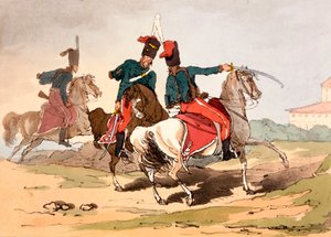 Huszárok magyar egyenruhában, illusztrációja James Walker "Az orosz modorai, szokásai és szórakozásai" című könyvéből, 1803-4 (akvatinta rézkarc) alkotó: John Augustus Atkinson