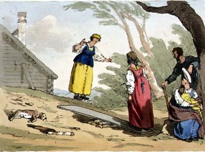 Ugrás egy deszkán, 54. tábla az "Oroszok szokásai, szokásai és szórakozásai" II. kötetéből, a művész metszete, kiad. 1804 (akvatinta) alkotó: John Augustus Atkinson