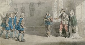 Petruchio, Katarina és a szolgák a „The Taming of the Shrrew” című jelenetben, 1815 körül (toll és WC papíron) alkotó: John Augustus Atkinson