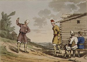 Lengyel tánc, 96. tábla „Az oroszok modora, szokásai és szórakozásai” III. kötetéből, a művész által metszett, kocsma. 1804 (akvatinta) alkotó: John Augustus Atkinson