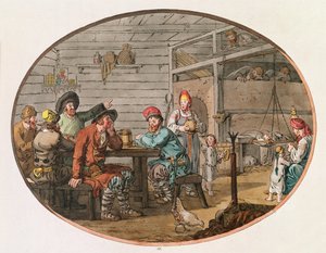 Orosz parasztkunyhó, 1798 (kézi színezett metszet)