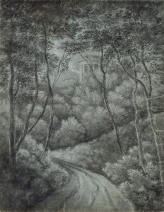 Táj erdőn át vezető ösvényen és klasszikus templommal, 18. század vége. alkotó: John Baptist Malchair