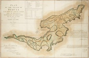 Bequia szigetének terve, amelyet John Byres főmérnök tényleges felméréssel készített a tiszteletreméltó, az átengedett szigeteken lévő földek eladásáért felelős biztosok irányítása alatt 1776. alkotó: John Bayly