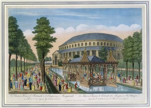 A Kínai Ház, a Rotunda és a Társaság maszkabálban a Ranelagh Gardensben (színes akvatinta)