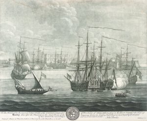 Bombay (India) látképe, a Brit Kelet-indiai Társaság igazgatójának szentelve. John Bowles () metszete