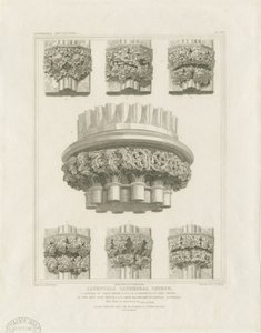 Lichfield székesegyház belseje – Cluster Pillar a Chapter House-ban és zárójelek a Lady Chapel-ben: metszet, nd [c 1819] (nyomtatás)