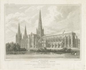 Lichfield katedrális – Délkeleti nézet: metszet, nd [?1819] (nyomtatás) alkotó: John Britton