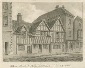 Burton-upon-Trent – Régi házak a High Streeten: szépia rajz, 1839 alkotó: John Buckler