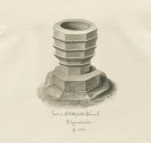 Betűtípus a Blithfield templomban: szépia rajz alkotó: John Buckler