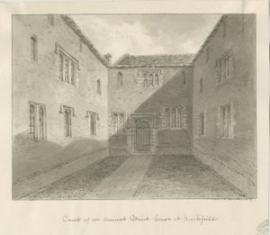 Lichfield - A régi ház udvari udvara a közelben: szépia rajz alkotó: John Buckler