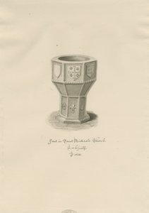 Lichfield - Betűtípus a Szent Mihály-templomban: szépia rajz alkotó: John Buckler