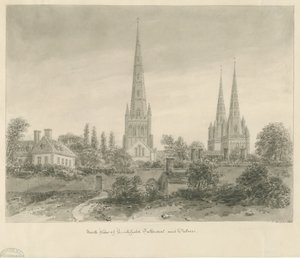 Lichfield katedrális – Északi nézet: szépia rajz, 1838 alkotó: John Buckler