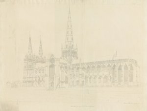 Lichfield-székesegyház – Délkeleti nézet: vázlatos rézkarc, nd [1808] alkotó: John Buckler