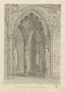 Lichfield katedrális – Nyugati ajtó: szépia rajz alkotó: John Buckler