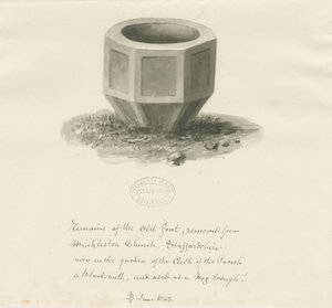Régi betűtípus a Mucklestone templomból: szépia mosás rajz, 1843. június (rajz) alkotó: John Buckler