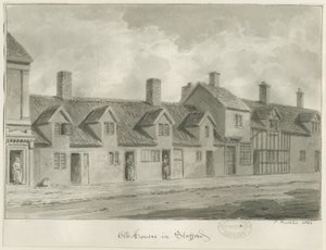 Stafford - Old Houses [az Eastgate Streeten]: szépia rajz, 1844 alkotó: John Buckler