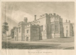 Tixall – Kápolna a Tixall Hallban: szépia mosás rajza, 1841 alkotó: John Buckler