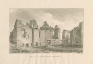 Tutbury kastély – A belső udvar maradványai: szépia mosás rajz, 1812 alkotó: John Buckler