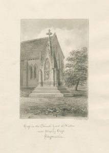 Walton-on-the-Hill templom - Templomudvar kereszt: szépia rajz alkotó: John Buckler