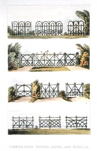 Rügyfás kerítések, kapuk és akadályok, Ackermann 1823-ban megjelent "Repository of Arts" című műtárgytárából (színes litográfia) alkotó: John Buonarotti Papworth