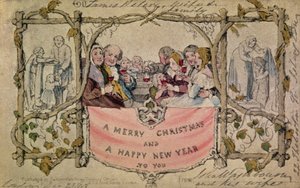 Karácsonyi kártya, példa az első ismert karácsonyi üdvözlőlap használatára, 1843 (kézzel színezett akvarell a nyomatokon) (az eredeti mintát lásd: 14897)
