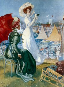 Belle epoque: "" Fiatal nők távcsővel követik a regátot"" John Cameron litográfiája (XX. század) Párizs, Dekoratív művészetek