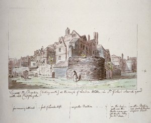 Bástya a londoni fal szögletében, St Giles Cripplegate templomkert nélkül, London City, 1779
