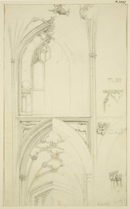 A Clerestory Window Tracery és a folyosó boltozatának részletei St Mary Redcliffe-ben (ceruza és akvarell papíron)