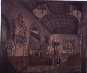 A Cripplegate-i St. Giles-templom belső képe nyugatra nézve, Constance Whitney emlékművével