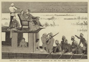 Vázlatok Dél-Indiában, aligátorok lövöldözése a piknikről hazafelé alkotó: John Charles Dollman