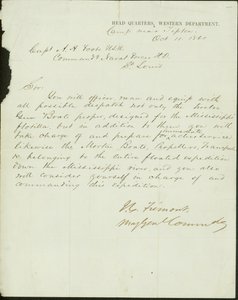 Levél aláírva J. C. Fremont parancsnok őrnagy, a Nyugati Minisztérium parancsnoksága, a Tipton melletti táborban, A. H. Foote kapitánynak, az Egyesült Államok Parancsnoki Haditengerészet H.D., St. Louis, 1861. október 11 alkotó: John Charles Frémont
