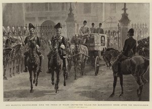 Őfelsége szalonja, H R H a walesi herceg elhagyja a palotát a Marlborough House-ba a szalon után