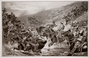 The Dash for Kimberley – A 10. huszárok átkelnek a klippsodródáson, G.D. Giles vázlata (fl.1890) után alkotó: John Charlton