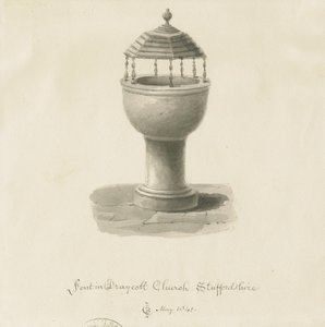 Betűtípus a Draycott in the Moors Churchben: szépia rajz alkotó: John Chessell Buckler