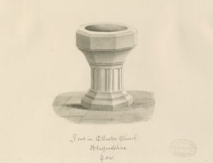 Betűtípus az Ellastone templomban: szépia rajz alkotó: John Chessell Buckler