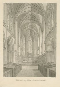 Lichfield székesegyház belseje - Kórus és Lady Chapel: szépia rajz alkotó: John Chessell Buckler