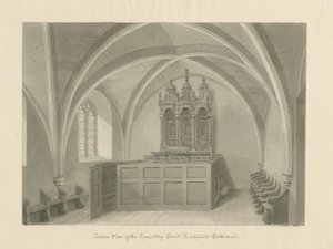 Lichfield székesegyház belseje - Konzisztóriumi udvar: szépia rajz alkotó: John Chessell Buckler