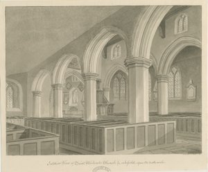 Lichfield - Szent Mihály templom belseje: szépia rajz alkotó: John Chessell Buckler