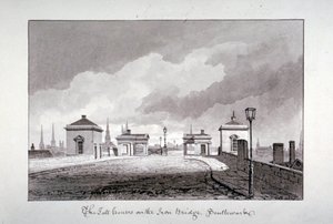 Fizetős házak a Southwark Bridge-en, London, 1827. alkotó: John Chessell Buckler