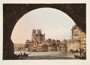 A Hotel Dieu hídja és a Notre Dame-templom, illusztráció Versailles-ból, Párizsból és Saint Denis-ből, pub. 1805 (akvatinta) alkotó: John Claude Nattes
