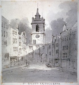St Giles templom Cripplegate nélkül a Fore Street-ről, London City, 1790. alkotó: John Claude Nattes