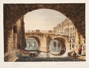 Kilátás a Hotel Dieu híd első íve alól, a Kis Híd, a Hotel Dieu része, illusztráció Versailles-ból, Párizsból és Saint Denis kocsmából. 1809 (akvatinta) alkotó: John Claude Nattes
