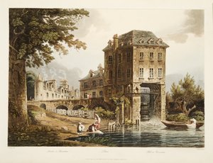 Malom Charentonban, illusztráció Versailles-ból, Párizsból és Saint Denis-ből, pub. 1807 (akvatinta) alkotó: John Claude after Nattes