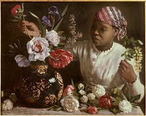 La negresse aux peonines Frederic Bazille (1841-1870) festménye 1870 Dim. 0,6x0,75 m Montpellier, Fabre múzeum - A fekete nő bazsarózsával. Frederic Bazille (1841-1870) festménye
