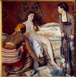 Orientalizmus: „A vécé” Egy fiatal fehér nőnek, akit két leányzója segít, megvan a vécéje. Frederic Bazille (1841-1870) festménye 1869 V. 1,32x1,27 m Montpellier, Musee Fabre