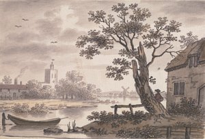 Folyói jelenet templommal, kunyhóval és szélmalommal alkotó: John Collet