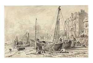 Partra húzott halászhajók hálókat javító halászokkal a brightoni tengerparton, nyugatra néz, 1824-28 körül alkotó: John Constable