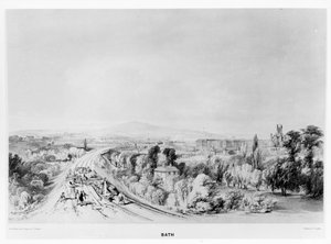 Bath pályaudvar megközelítése kelet felől, a „History of the Great Western Railway” című kiadványból, C. F. Cheffins, 1846 körül