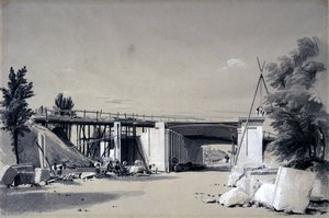 Denbigh Hall híd az útról, 1837. június 25. (toll, tinta és mosás papíron) alkotó: John Cooke Bourne