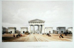 Bejárati portikusz, Euston Grove Station, John Britton „Drawings of the London and Birmingham Railway”, 1838-ban megjelent (színes litó) alkotó: John Cooke Bourne
